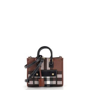 Burberry Freya Shopping Tote Check Canvas with Leather Mini Brown